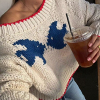 Crew Neck Graphic Fish Oversized Pullover Knit Sweater - Thumbnail 3