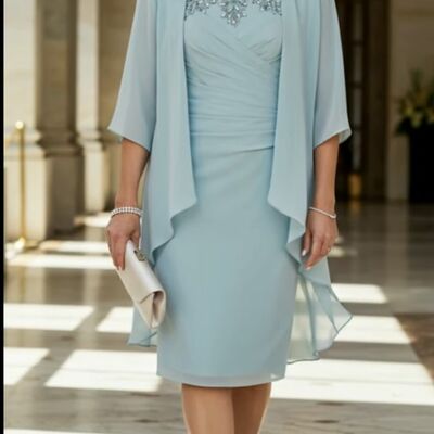 Blue sheath chiffon tea-length mother of bride/groom dress evening formal gowns 