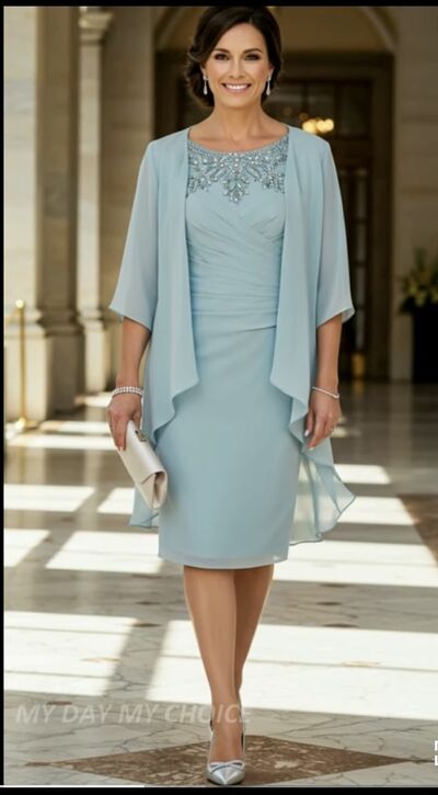 Blue Sheath Chiffon Tea-length Mother of Bride/Groom Dress Evening Formal Gowns 