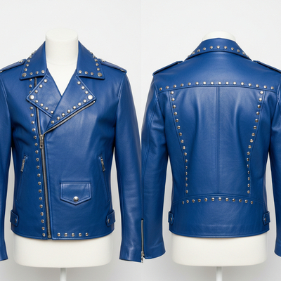 Crafted leather blue punk silver spiked studded leather brando style jacket