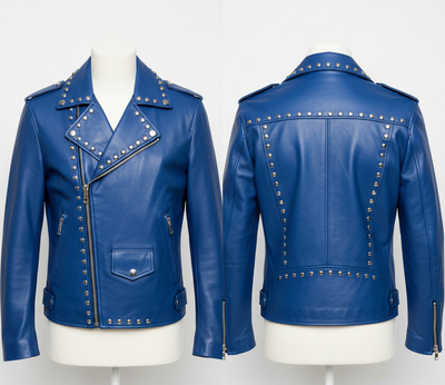 Crafted Leather Blue Punk Silver Spiked Studded Leather Brando Style Jacket