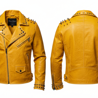 Crafted leather yellow punk silver spiked studded leather brando style jacket