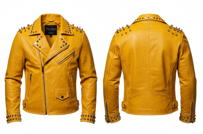Crafted Leather Yellow Punk Silver Spiked Studded Leather Brando Style Jacket
