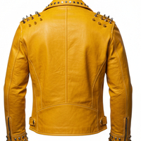 Crafted Leather Yellow Punk Silver Spiked Studded Leather Brando Style Jacket - Thumbnail 1