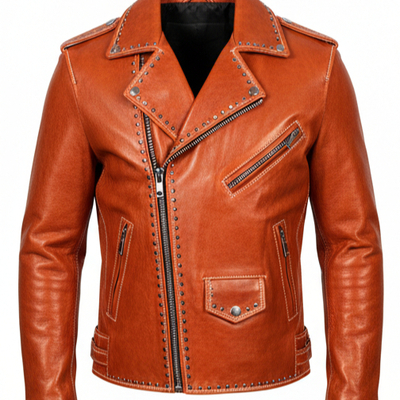 Crafted leather orange punk studded leather brando style jacket