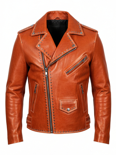 Crafted Leather Orange Punk Studded Leather Brando Style Jacket