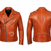 Crafted Leather Orange Punk Studded Leather Brando Style Jacket - Thumbnail 2