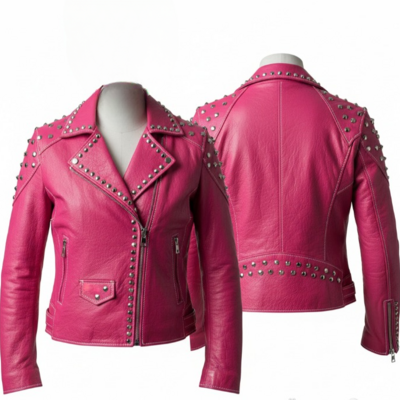 Crafted leather women pink punk studded leather jacket