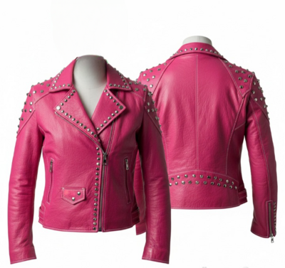 Crafted Leather Women Pink Punk Studded Leather Jacket