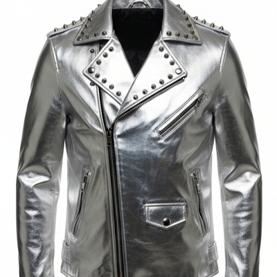 Crafted leather silver punk studded leather jacket