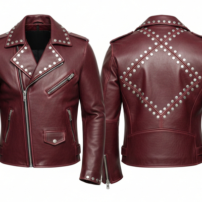 Crafted leather burgundy leather punk studded jacket