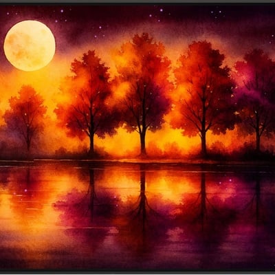 Moonlit autumn reflections forest by night