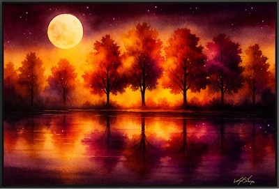 Moonlit Autumn Reflections Forest by Night