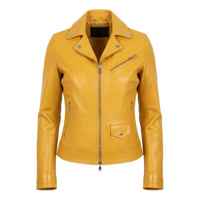 Crafted Leather Mens Classic Yellow Leather Jacket Pure Lambskin Motorcycle Slim Fit Biker 