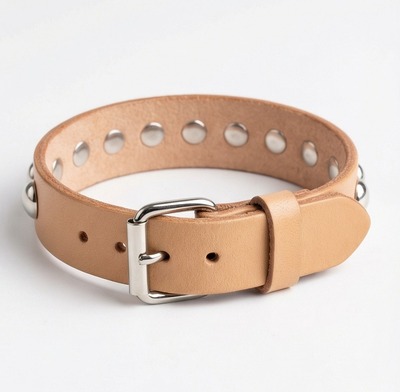  Classic Tan Leather Silver Dome Studs Wristband
