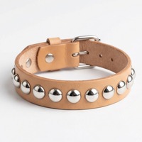  Classic Tan Leather Silver Dome Studs Wristband - Thumbnail 1
