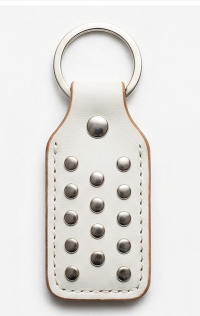 White and Gray Studded Leather Keychain