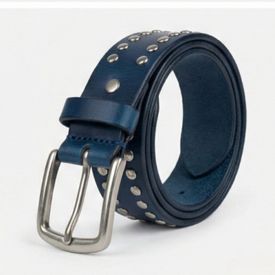 Handmade blue leather silver dome studs belt - Thumbnail 3