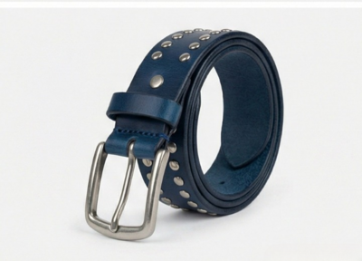 Handmade Blue Leather Silver Dome Studs Belt