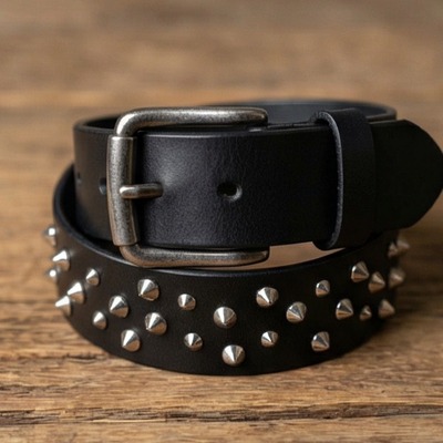 Chaotic silver cone stud belt black leather - Thumbnail 3