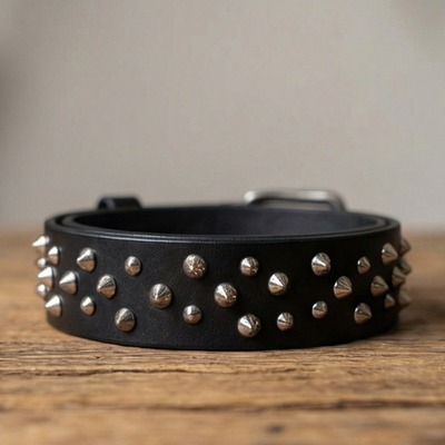 Chaotic silver cone stud belt black leather