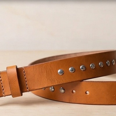 Single row silver dome stud belt tan leather - Thumbnail 1