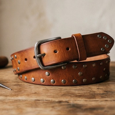  brown handmade leather belt with metal studs - Thumbnail 1