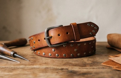  Brown Handmade Leather Belt with Metal Studs