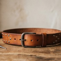  Brown Handmade Leather Belt with Metal Studs - Thumbnail 1