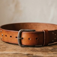  Brown Handmade Leather Belt with Metal Studs - Thumbnail 3