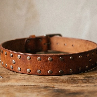  brown handmade leather belt with metal studs