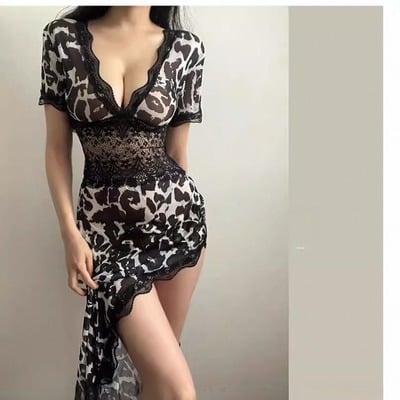 Leopard print mesh maxi dress lingerie