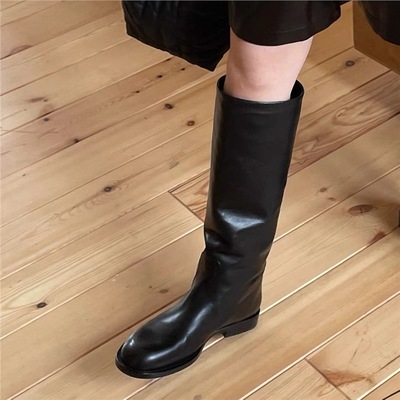 Genuine leather round toe thick heel over-the-knee knight boots