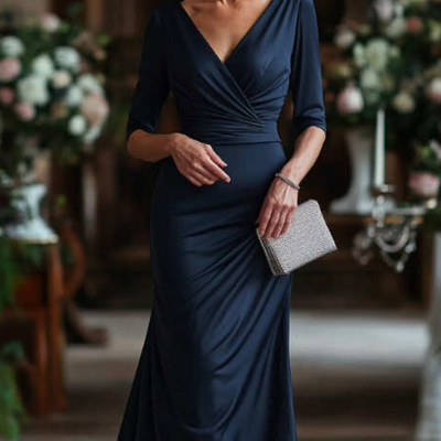 Sheath v neck navy blue satin mother of the bride/groom dress evening dress