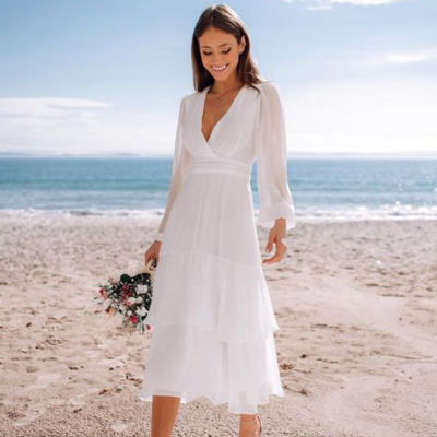 Simple chiffon tea-length beach boho wedding dress bridal dress with long sleeve 
