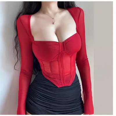 Solid color street style square neck long-sleeved top