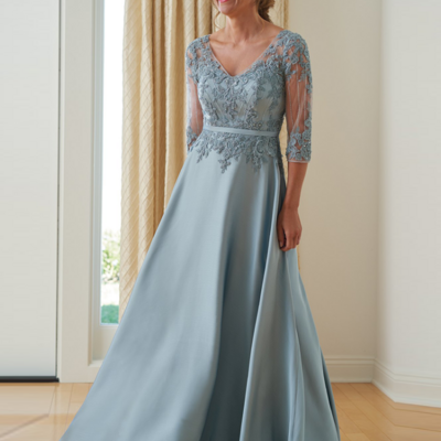 Elegant v-neck appliques lace mother of bride/groom dress with 3/4 sleeves 