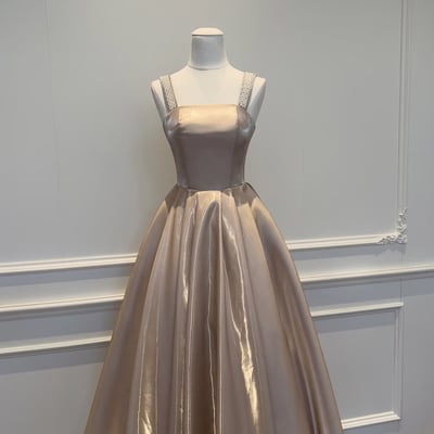 Champagne satin a-line tea length prom party dress