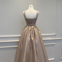 Champagne Satin A-Line Tea Length Prom Party Dress - Thumbnail 1