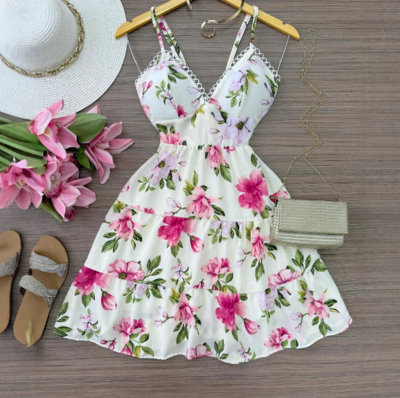 Flower Print Sleeveless Splicing V-Neck Dress