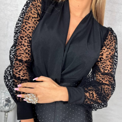 Women's solid color mesh splicing v-neck jumpsuit