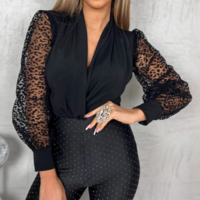 Women'S Solid Color Mesh Splicing V-Neck Jumpsuit - Thumbnail 2