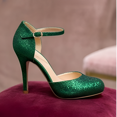Crafted leather classic women green glitter ankle strap rounded toe dress shoes
