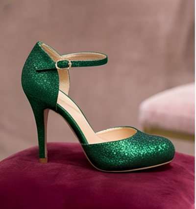 Crafted Leather Classic Women Green Glitter Ankle Strap Rounded Toe Dress Shoes