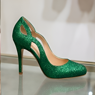 Crafted leather classic women green glitter unique side cutout design pointed toe dress shoes