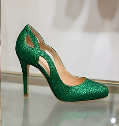 Crafted Leather Classic Women Green Glitter Unique Side cutout Design Pointed Toe Dress Shoes