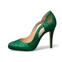 Crafted Leather Classic Women Green Glitter Unique Side cutout Design Pointed Toe Dress Shoes - Thumbnail 2