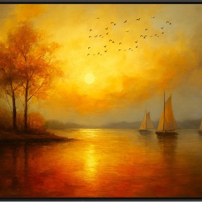 Golden sunset with autumn trees and sailboats