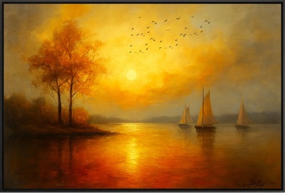 Golden Sunset with Autumn Trees and Sailboats