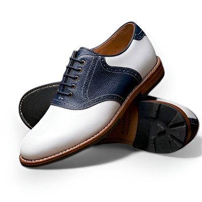 Crafted leather men’s handcrafted white blue leather lace up saddle golf shoes - Thumbnail 3